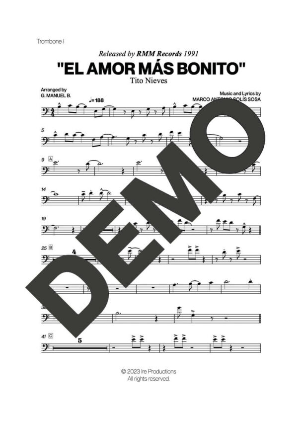Tito Nieves – El Amor Más Bonito – Sheet Music Demo Page 1 (PDF) – Includes charts for Trumpets, Trombones, Saxophone, Piano and Bass