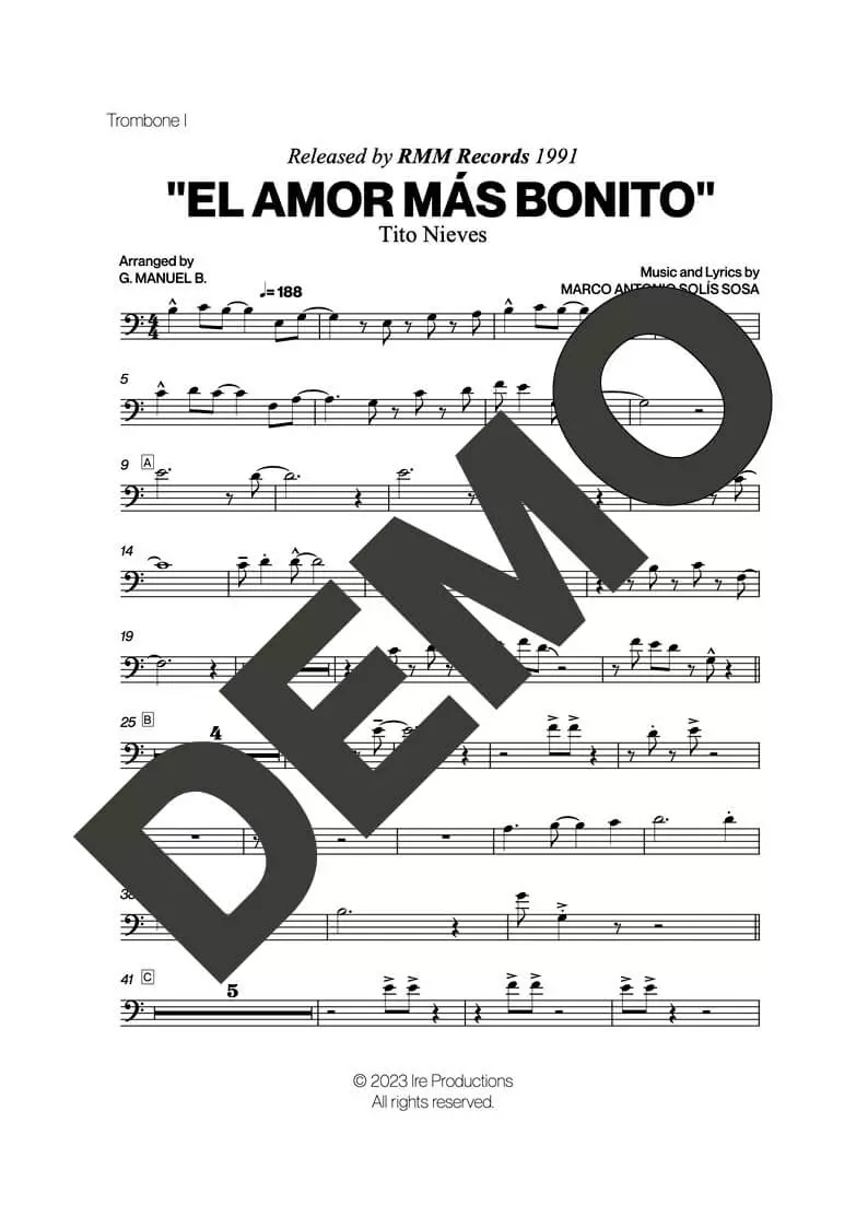 Tito Nieves – El Amor Más Bonito – Sheet Music Demo Page 1 (PDF) – Includes charts for Trumpets, Trombones, Saxophone, Piano and Bass