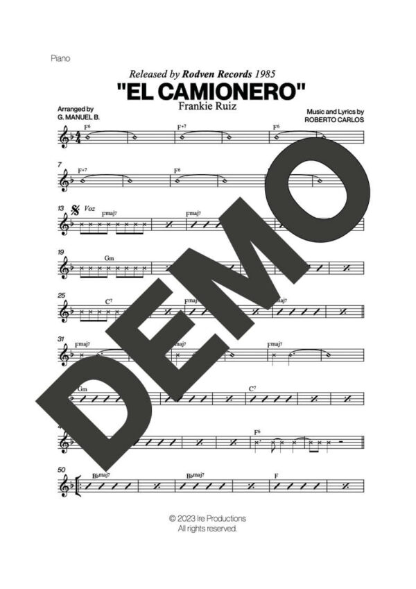 Frankie Ruiz – El Camionero – Sheet Music Demo Page 3 (PDF) – Includes charts for Trumpets, Trombones, Saxophone, Piano and Bass