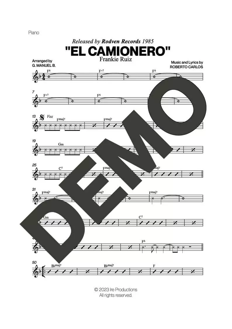 Frankie Ruiz – El Camionero – Sheet Music Demo Page 3 (PDF) – Includes charts for Trumpets, Trombones, Saxophone, Piano and Bass