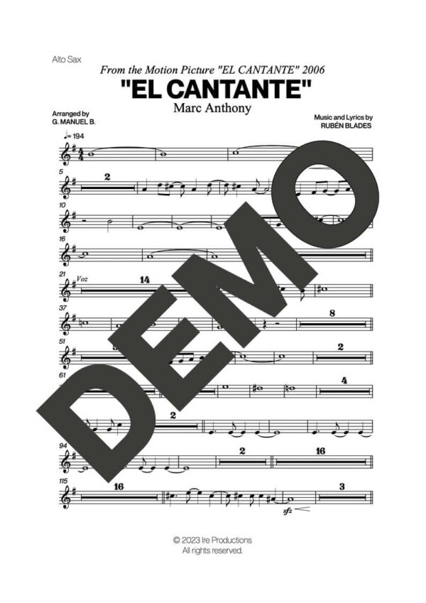 Marc Anthony – El Cantante – First Page of Sheet Music Preview (PDF) – Includes charts for Trumpets, Trombones, Saxophone, Piano and Bass