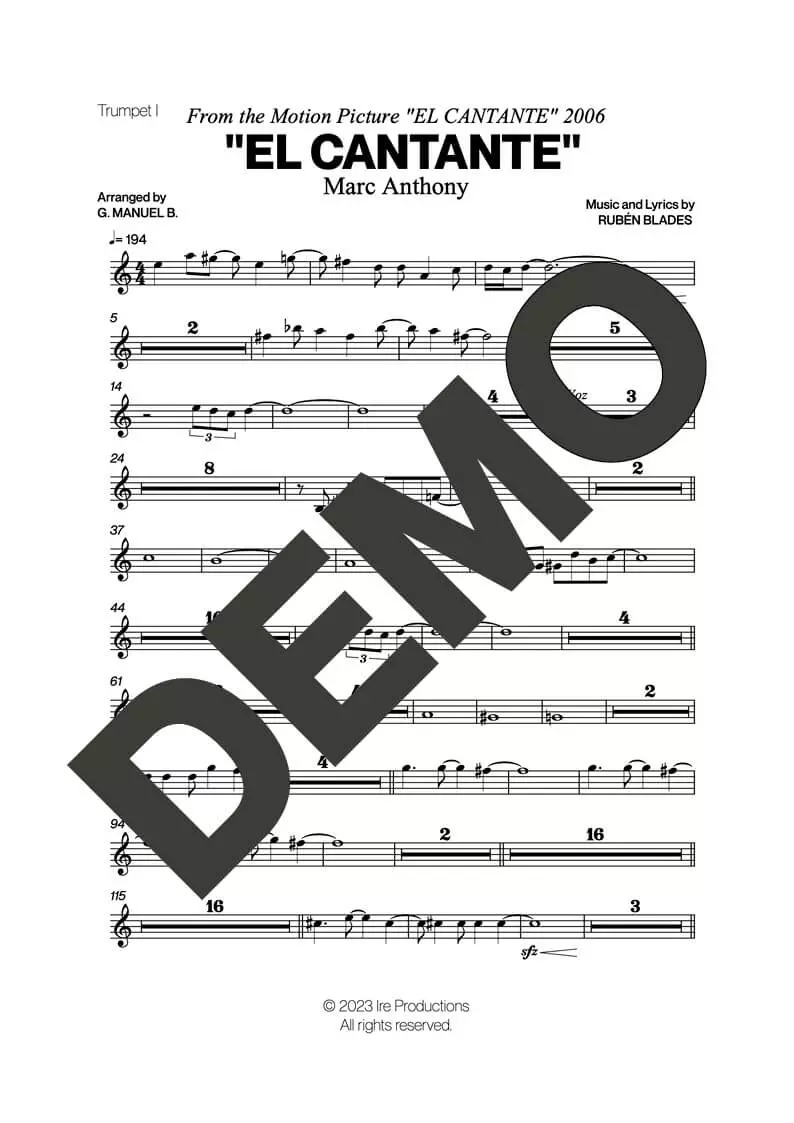 Marc Anthony – El Cantante – Sheet Music Demo Page 1 (PDF) – Includes charts for Trumpets, Trombones, Saxophone, Piano and Bass