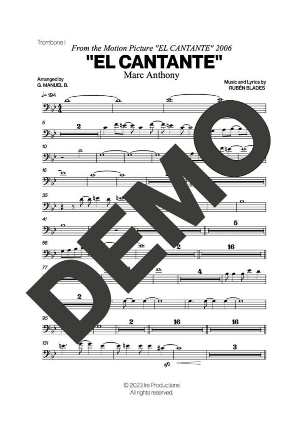 Marc Anthony – El Cantante – Sheet Music Demo Page 2 (PDF) – Includes charts for Trumpets, Trombones, Saxophone, Piano and Bass