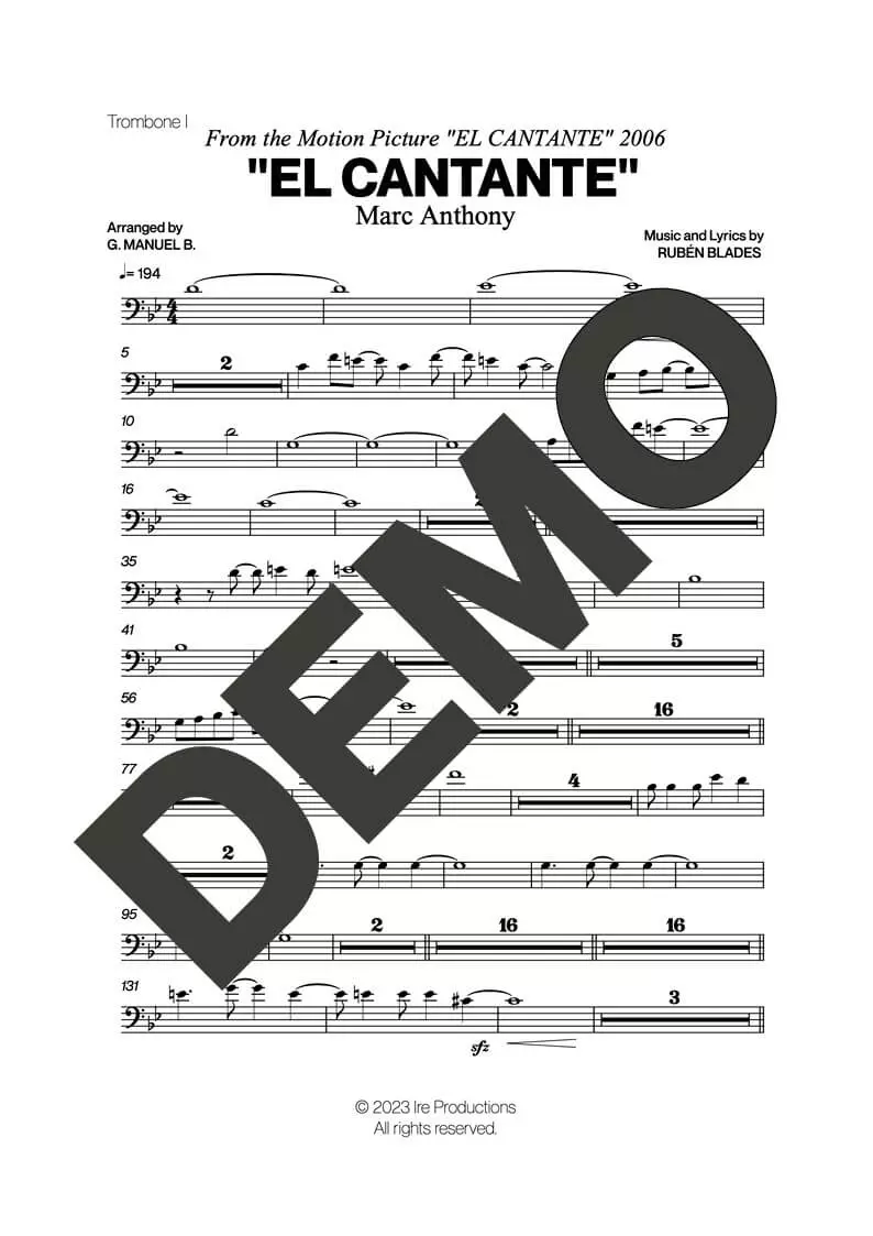 Marc Anthony – El Cantante – Sheet Music Demo Page 2 (PDF) – Includes charts for Trumpets, Trombones, Saxophone, Piano and Bass