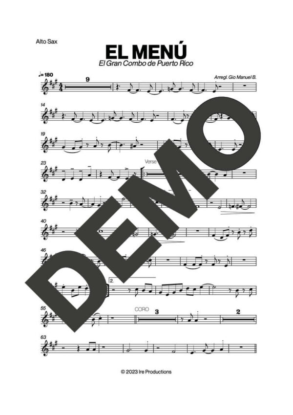 El Gran Combo de Puerto Rico – El Menu – First Page of Sheet Music Preview (PDF) – Includes charts for Trumpets, Trombones, Saxophone, Piano and Bass