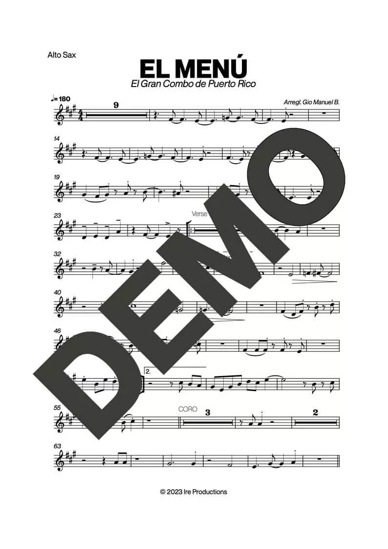 El Gran Combo de Puerto Rico – El Menu – First Page of Sheet Music Preview (PDF) – Includes charts for Trumpets, Trombones, Saxophone, Piano and Bass