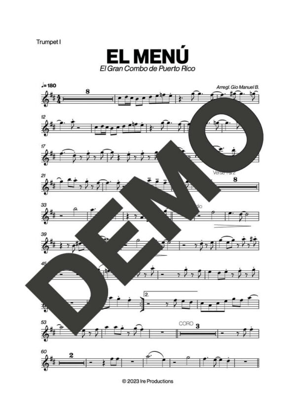 El Gran Combo de Puerto Rico – El Menu – Sheet Music Demo Page 1 (PDF) – Includes charts for Trumpets, Trombones, Saxophone, Piano and Bass