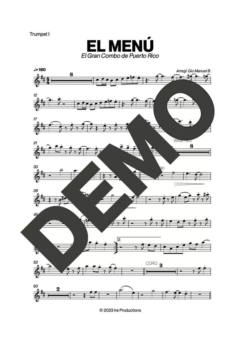 El Gran Combo de Puerto Rico – El Menu – Sheet Music Demo Page 1 (PDF) – Includes charts for Trumpets, Trombones, Saxophone, Piano and Bass