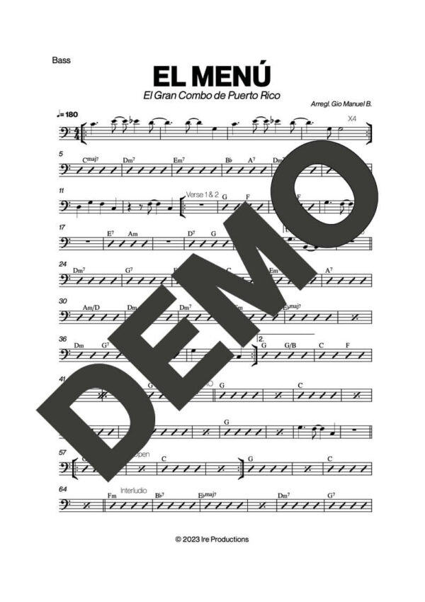 El Gran Combo de Puerto Rico – El Menu – Sheet Music Demo Page 4 (PDF) – Includes charts for Trumpets, Trombones, Saxophone, Piano and Bass