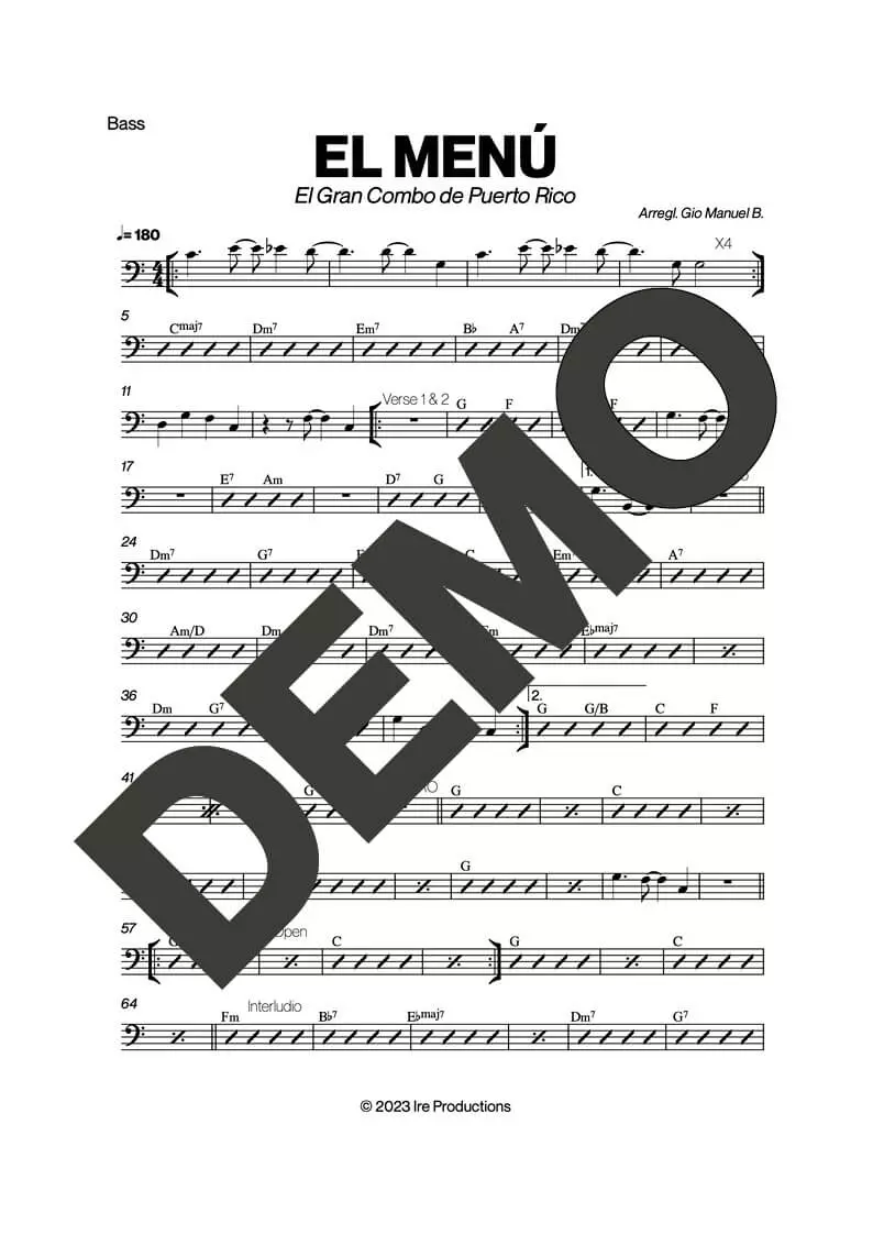 El Gran Combo de Puerto Rico – El Menu – Sheet Music Demo Page 4 (PDF) – Includes charts for Trumpets, Trombones, Saxophone, Piano and Bass