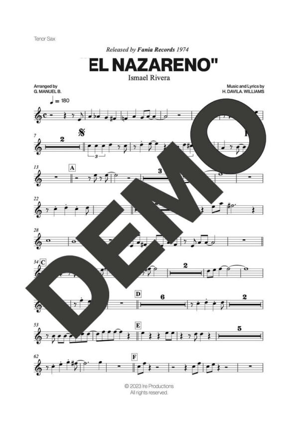 Ismael Rivera – El Nazareno – Sheet Music Demo Page 4 (PDF) – Includes charts for Trumpets, Trombones, Saxophone, Piano and Bass