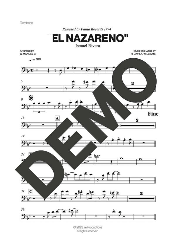 Ismael Rivera – El Nazareno – Sheet Music Demo Page 2 (PDF) – Includes charts for Trumpets, Trombones, Saxophone, Piano and Bass