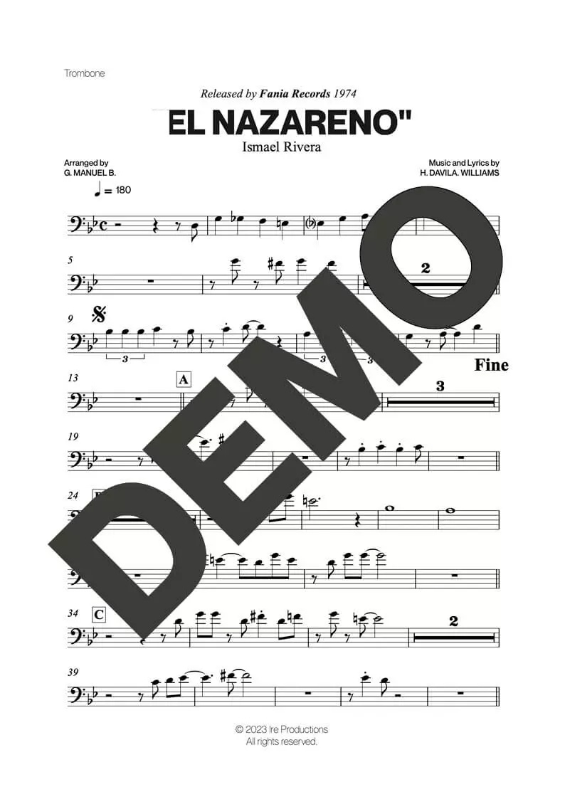Ismael Rivera – El Nazareno – Sheet Music Demo Page 2 (PDF) – Includes charts for Trumpets, Trombones, Saxophone, Piano and Bass