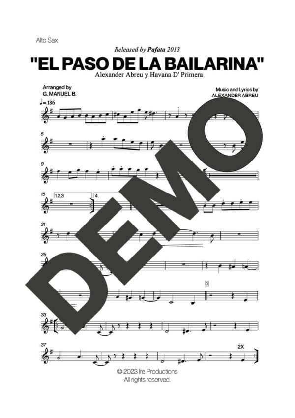 Havana D' Primera – El Paso de la Bailarina – First Page of Sheet Music Preview (PDF) – Includes charts for Trumpets, Trombones, Saxophone, Piano and Bass