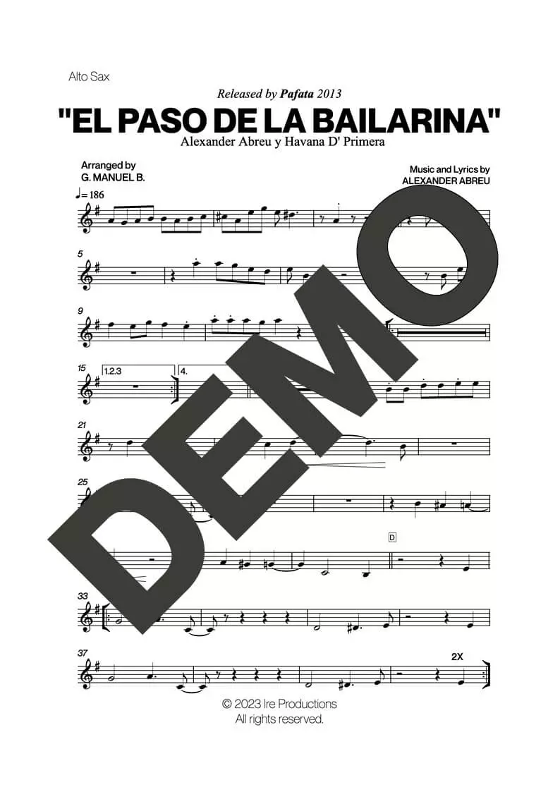 Havana D' Primera – El Paso de la Bailarina – First Page of Sheet Music Preview (PDF) – Includes charts for Trumpets, Trombones, Saxophone, Piano and Bass