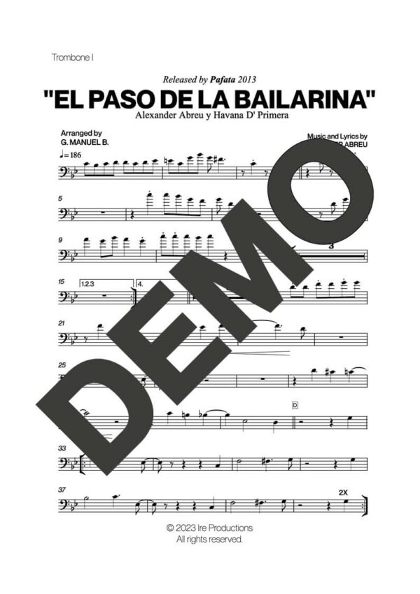 Havana D' Primera – El Paso de la Bailarina – Sheet Music Demo Page 2 (PDF) – Includes charts for Trumpets, Trombones, Saxophone, Piano and Bass
