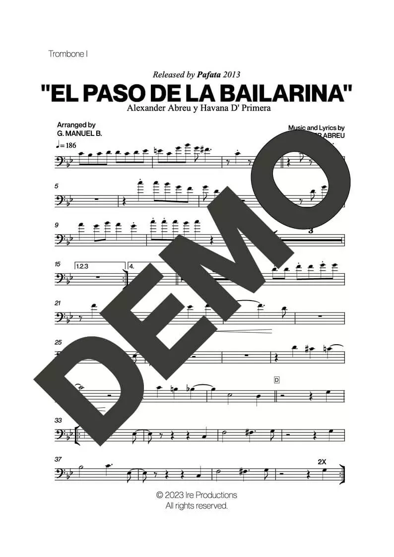 Havana D' Primera – El Paso de la Bailarina – Sheet Music Demo Page 2 (PDF) – Includes charts for Trumpets, Trombones, Saxophone, Piano and Bass