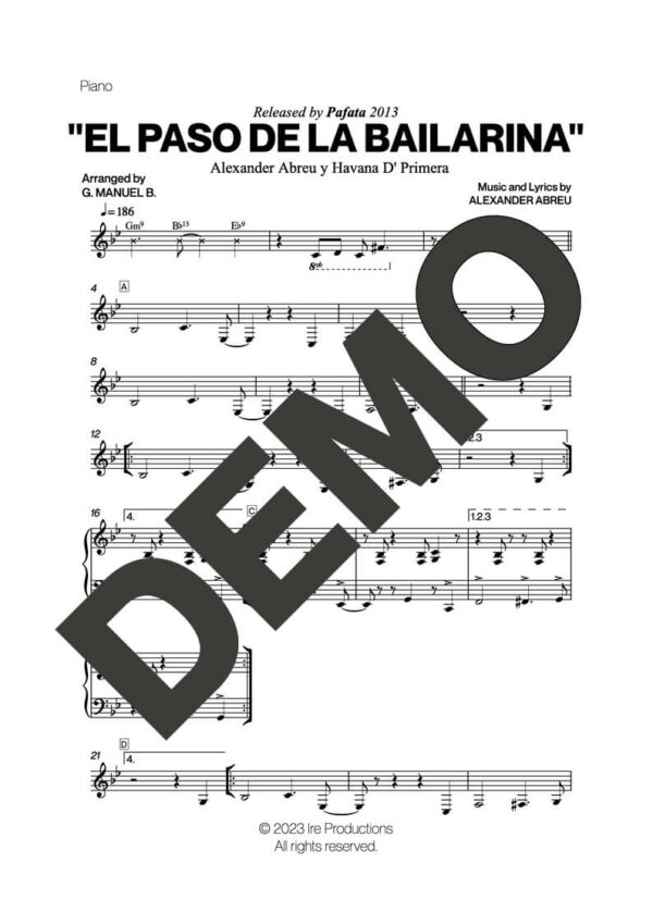 Havana D' Primera – El Paso de la Bailarina – Sheet Music Demo Page 3 (PDF) – Includes charts for Trumpets, Trombones, Saxophone, Piano and Bass