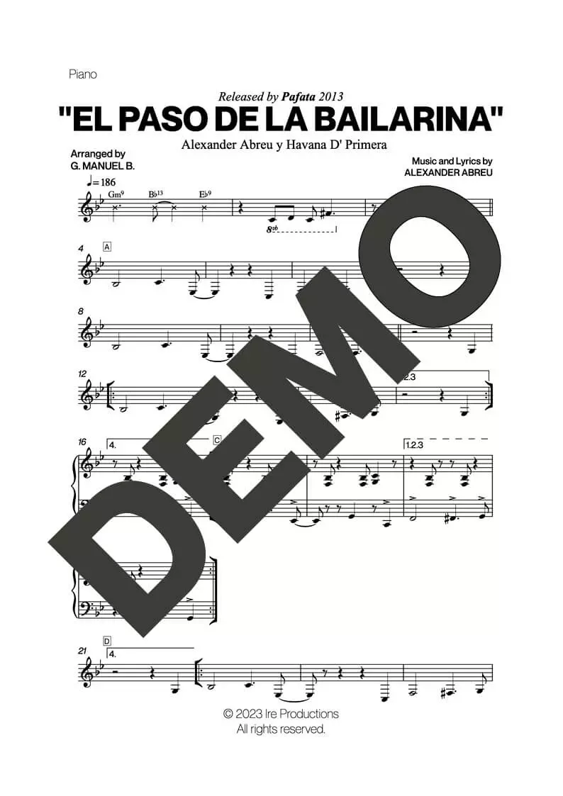 Havana D' Primera – El Paso de la Bailarina – Sheet Music Demo Page 3 (PDF) – Includes charts for Trumpets, Trombones, Saxophone, Piano and Bass