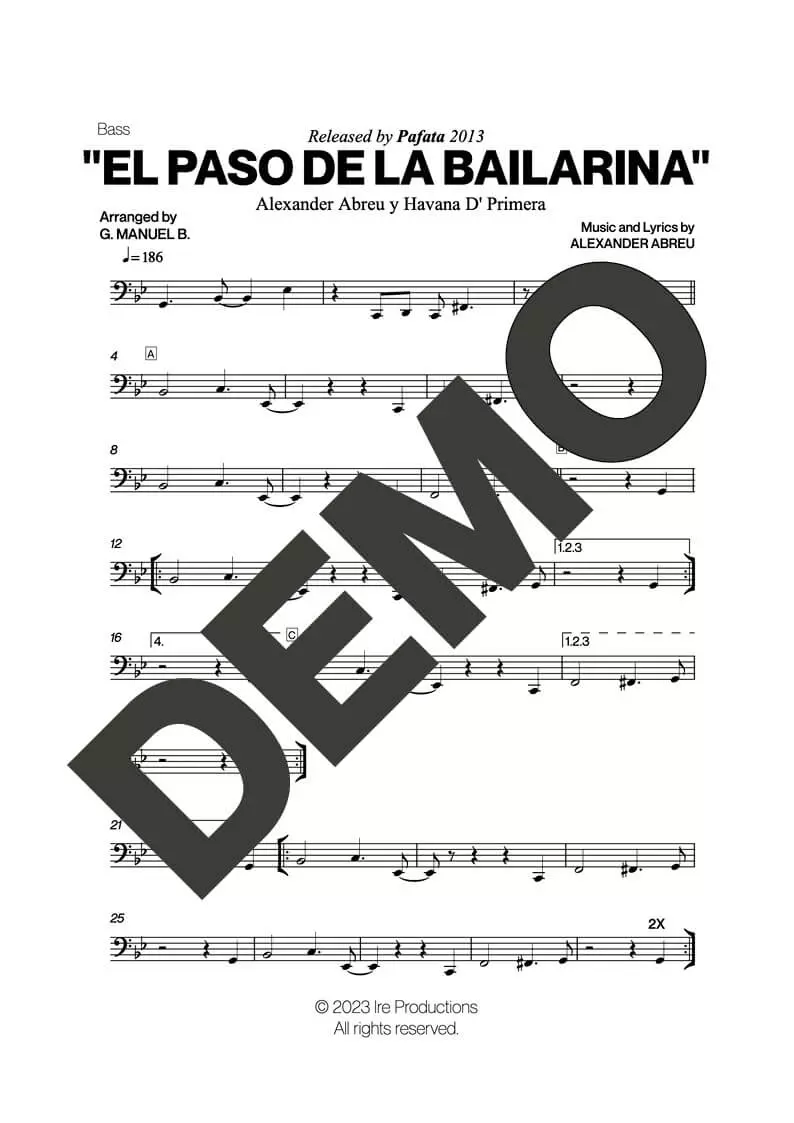Havana D' Primera – El Paso de la Bailarina – Sheet Music Demo Page 4 (PDF) – Includes charts for Trumpets, Trombones, Saxophone, Piano and Bass