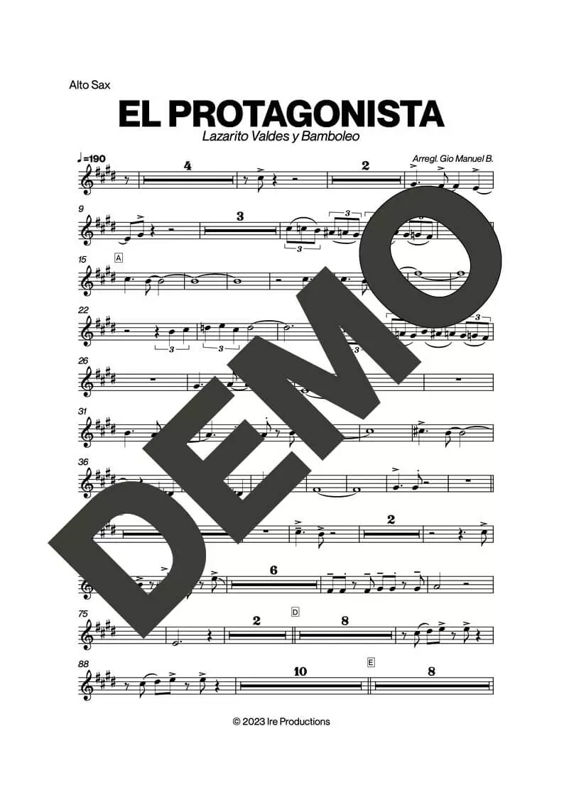 Bamboleo – El Protagonista – First Page of Sheet Music Preview (PDF) – Includes charts for Trumpets, Trombones, Saxophone, Piano and Bass