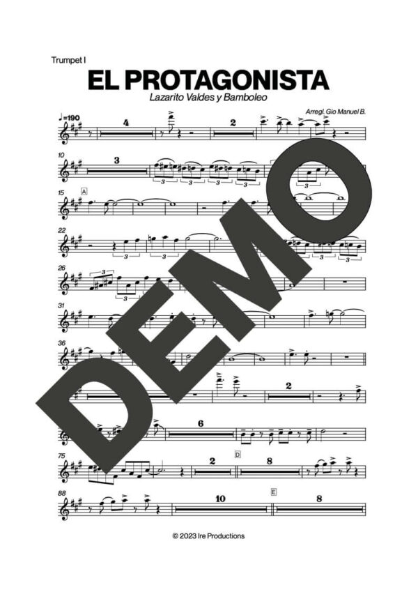Bamboleo – El Protagonista – Sheet Music Demo Page 1 (PDF) – Includes charts for Trumpets, Trombones, Saxophone, Piano and Bass
