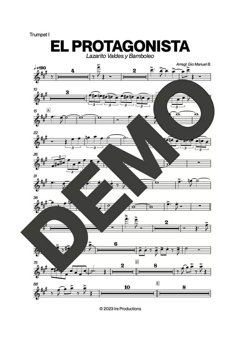 Bamboleo – El Protagonista – Sheet Music Demo Page 1 (PDF) – Includes charts for Trumpets, Trombones, Saxophone, Piano and Bass