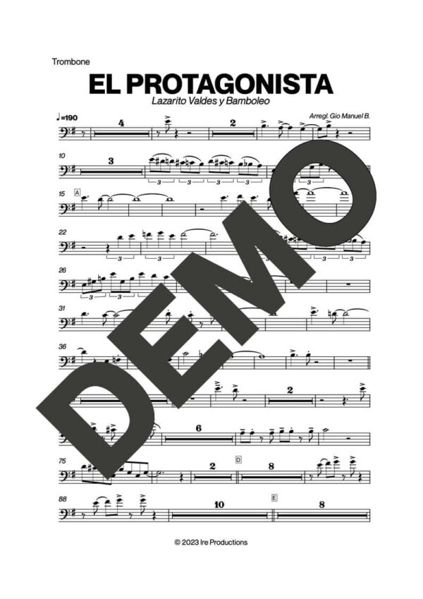 Bamboleo – El Protagonista – Sheet Music Demo Page 2 (PDF) – Includes charts for Trumpets, Trombones, Saxophone, Piano and Bass