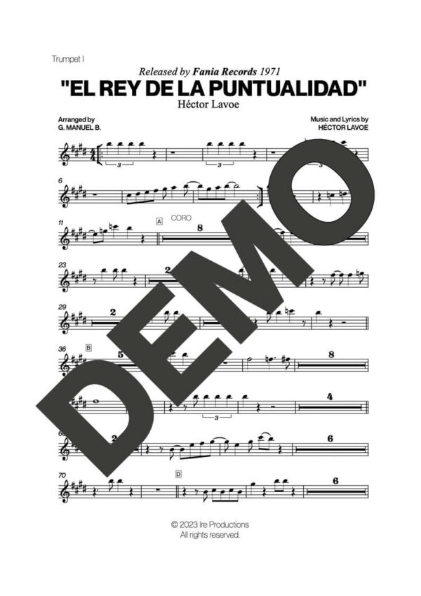Hector Lavoe|Willie Colón – El Rey De La Puntualidad – First Page of Sheet Music Preview (PDF) – Includes charts for Trumpets, Trombones, Saxophone, Piano and Bass