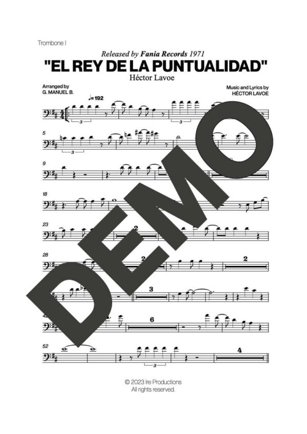 Hector Lavoe|Willie Colón – El Rey De La Puntualidad – Sheet Music Demo Page 1 (PDF) – Includes charts for Trumpets, Trombones, Saxophone, Piano and Bass
