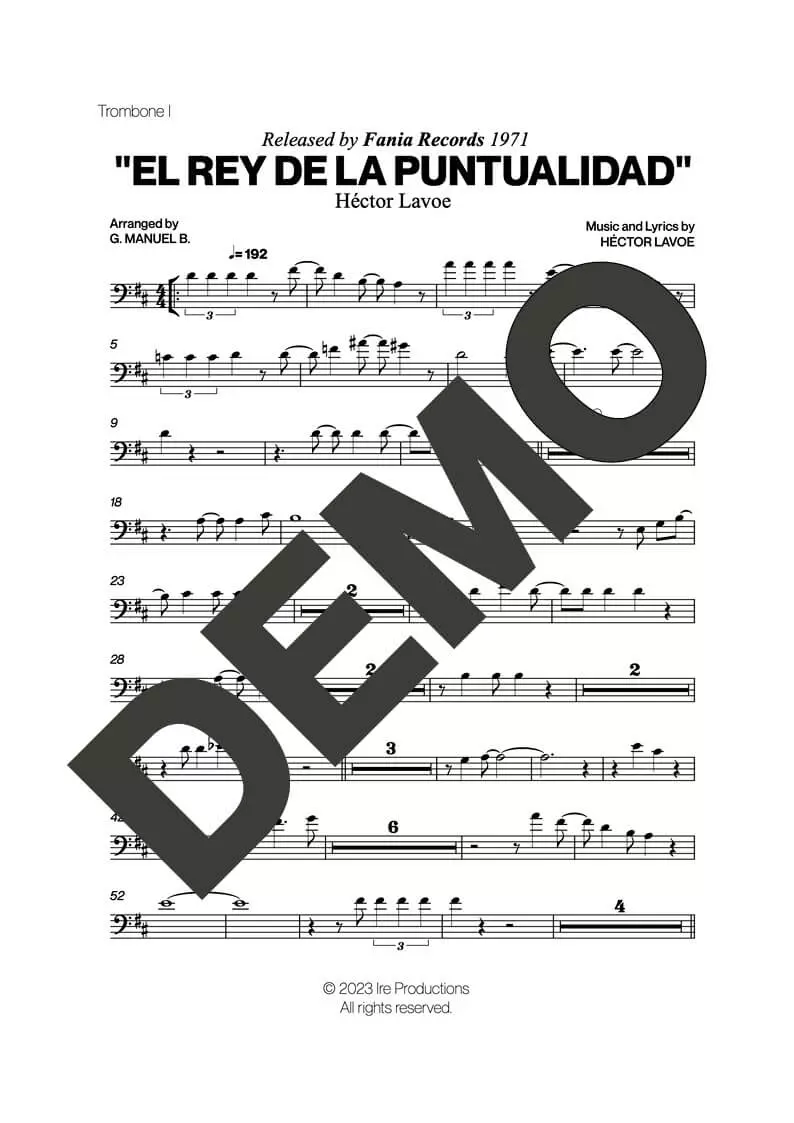 Hector Lavoe|Willie Colón – El Rey De La Puntualidad – Sheet Music Demo Page 1 (PDF) – Includes charts for Trumpets, Trombones, Saxophone, Piano and Bass