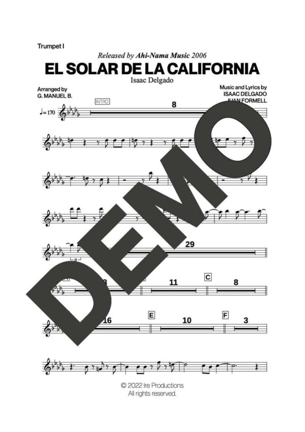 Issac Delgado – El Solar de La California – First Page of Sheet Music Preview (PDF) – Includes charts for Trumpets, Trombones, Saxophone, Piano and Bass