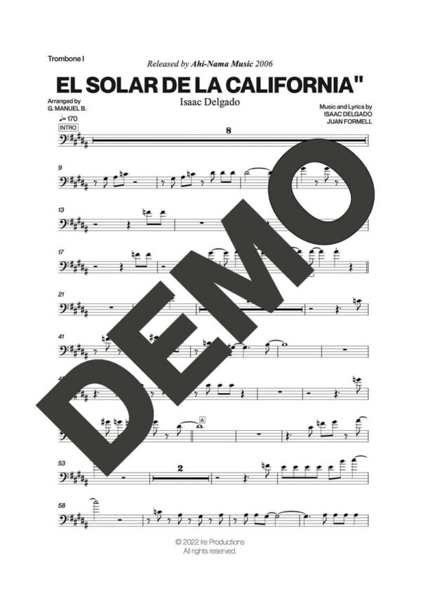 Issac Delgado – El Solar de La California – Sheet Music Demo Page 1 (PDF) – Includes charts for Trumpets, Trombones, Saxophone, Piano and Bass