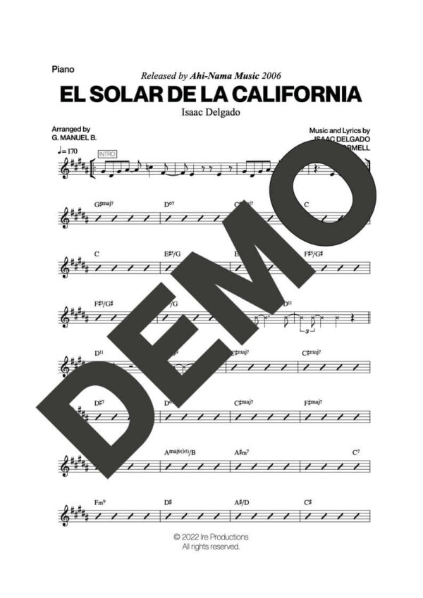 Issac Delgado – El Solar de La California – Sheet Music Demo Page 2 (PDF) – Includes charts for Trumpets, Trombones, Saxophone, Piano and Bass