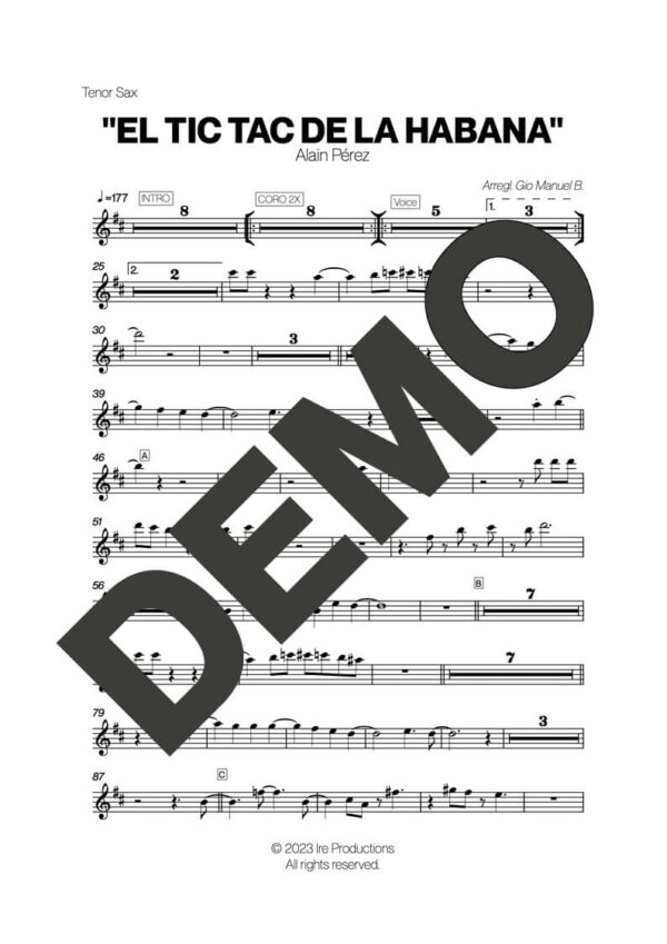 Alain Peréz – El Tic Tac de La Habana – First Page of Sheet Music Preview (PDF) – Includes charts for Trumpets, Trombones, Saxophone, Piano and Bass
