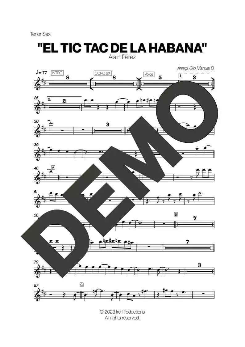Alain Peréz – El Tic Tac de La Habana – First Page of Sheet Music Preview (PDF) – Includes charts for Trumpets, Trombones, Saxophone, Piano and Bass