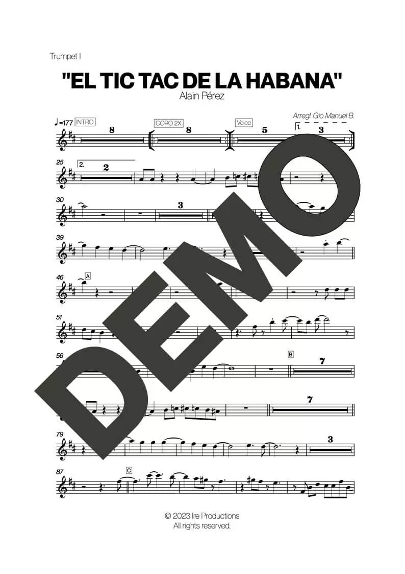 Alain Peréz – El Tic Tac de La Habana – Sheet Music Demo Page 1 (PDF) – Includes charts for Trumpets, Trombones, Saxophone, Piano and Bass