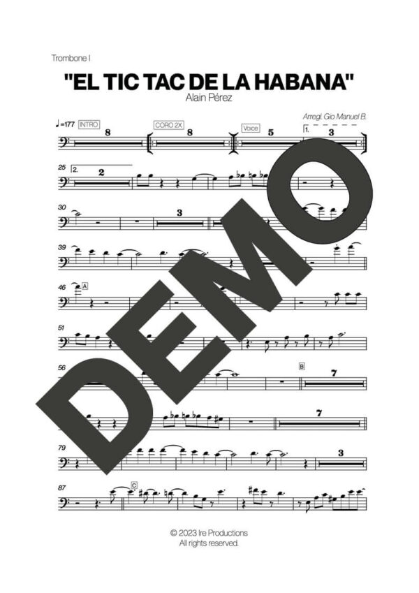 Alain Peréz – El Tic Tac de La Habana – Sheet Music Demo Page 2 (PDF) – Includes charts for Trumpets, Trombones, Saxophone, Piano and Bass