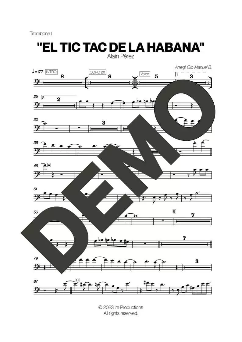 Alain Peréz – El Tic Tac de La Habana – Sheet Music Demo Page 2 (PDF) – Includes charts for Trumpets, Trombones, Saxophone, Piano and Bass