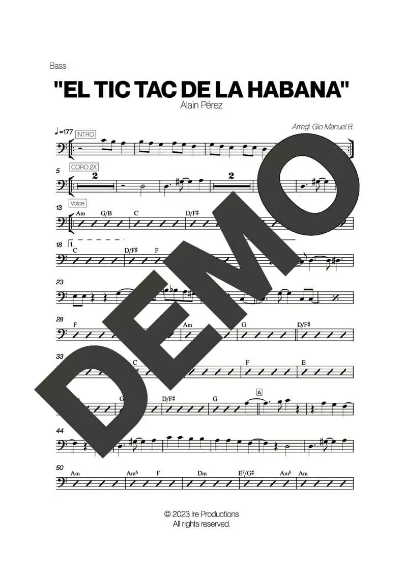 Alain Peréz – El Tic Tac de La Habana – Sheet Music Demo Page 5 (PDF) – Includes charts for Trumpets, Trombones, Saxophone, Piano and Bass