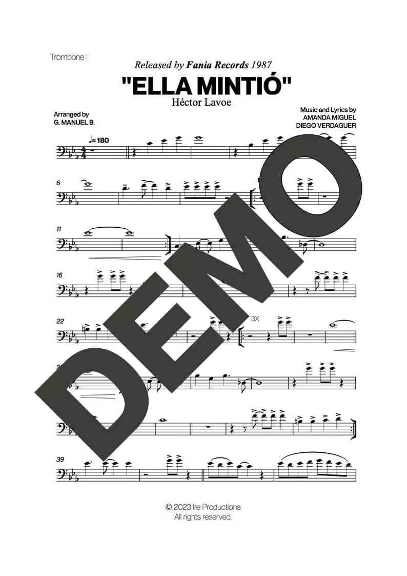 Hector Lavoe|Willie Colón – Ella Mintió – First Page of Sheet Music Preview (PDF) – Includes charts for Trumpets, Trombones, Saxophone, Piano and Bass