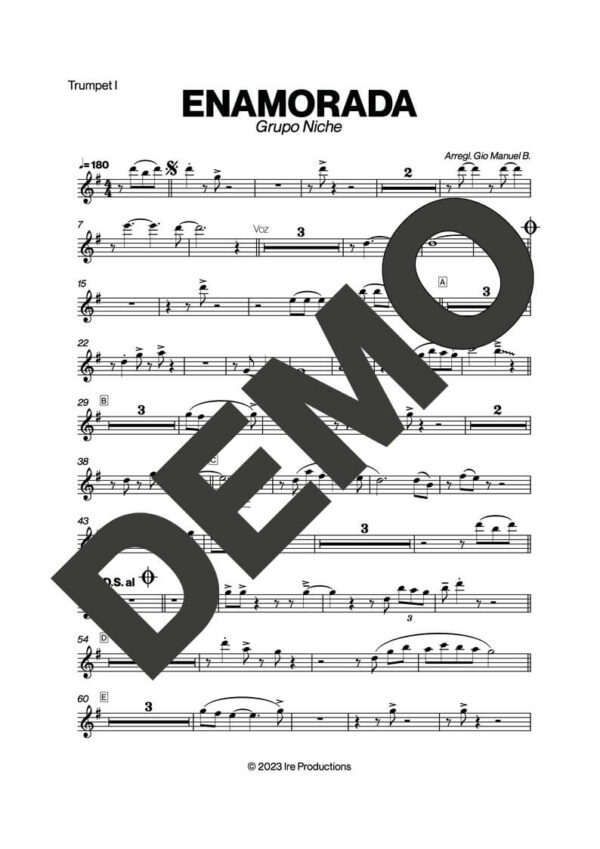 Grupo Niche – Enamorada – First Page of Sheet Music Preview (PDF) – Includes charts for Trumpets, Trombones, Saxophone, Piano and Bass