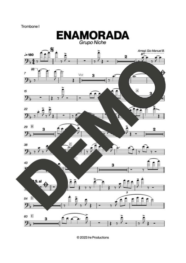 Grupo Niche – Enamorada – Sheet Music Demo Page 1 (PDF) – Includes charts for Trumpets, Trombones, Saxophone, Piano and Bass
