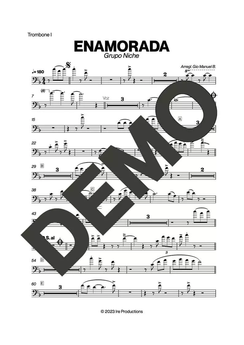 Grupo Niche – Enamorada – Sheet Music Demo Page 1 (PDF) – Includes charts for Trumpets, Trombones, Saxophone, Piano and Bass