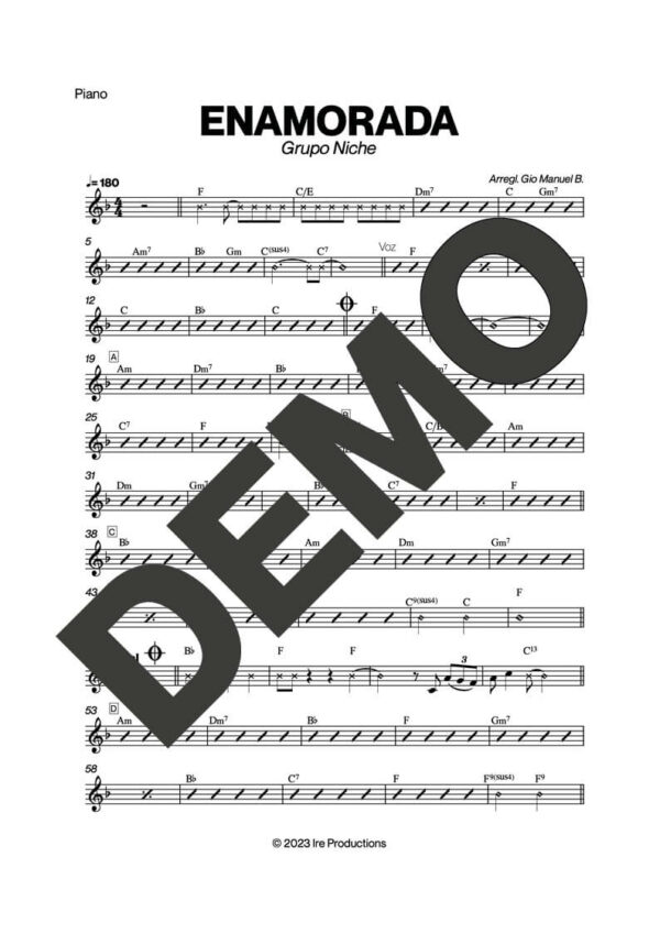 Grupo Niche – Enamorada – Sheet Music Demo Page 2 (PDF) – Includes charts for Trumpets, Trombones, Saxophone, Piano and Bass