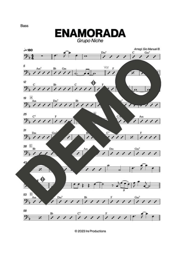 Grupo Niche – Enamorada – Sheet Music Demo Page 3 (PDF) – Includes charts for Trumpets, Trombones, Saxophone, Piano and Bass