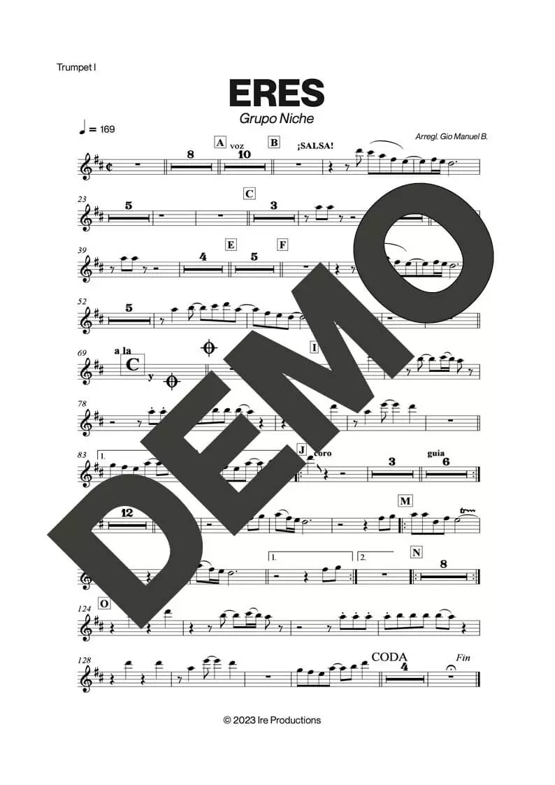 Grupo Niche – Eres – First Page of Sheet Music Preview (PDF) – Includes charts for Trumpets, Trombones, Saxophone, Piano and Bass