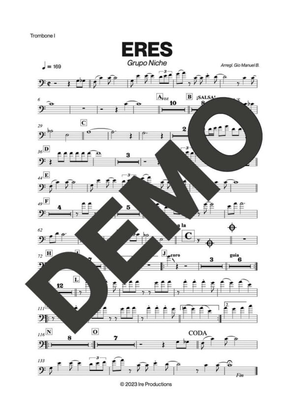 Grupo Niche – Eres – Sheet Music Demo Page 1 (PDF) – Includes charts for Trumpets, Trombones, Saxophone, Piano and Bass