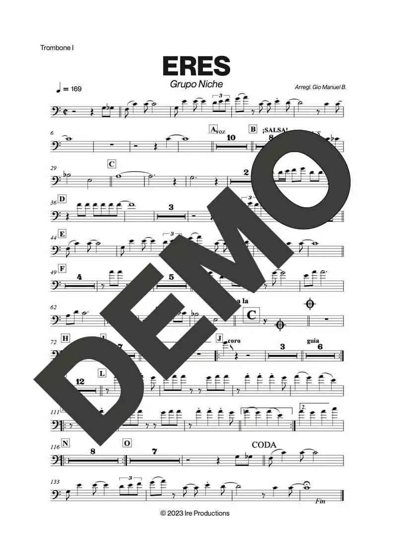 Grupo Niche – Eres – Sheet Music Demo Page 1 (PDF) – Includes charts for Trumpets, Trombones, Saxophone, Piano and Bass