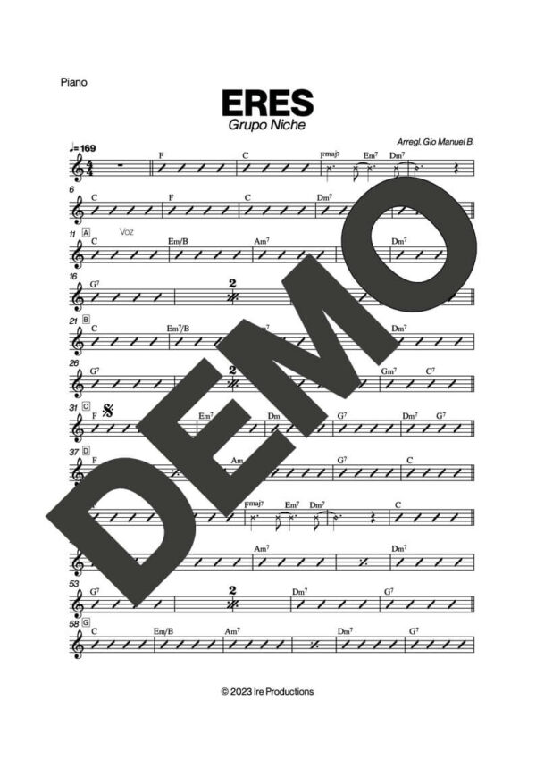 Grupo Niche – Eres – Sheet Music Demo Page 2 (PDF) – Includes charts for Trumpets, Trombones, Saxophone, Piano and Bass